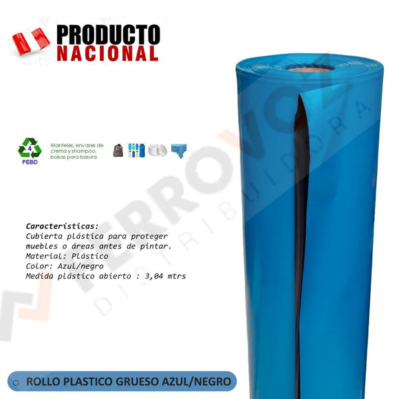 ROLLO PLASTICO GRUESO AZUL/NEGRO 3.04MTS ALTO/ABIERTO - 47 KG(PESO INC. CONO CARTON) 4 MICRAS