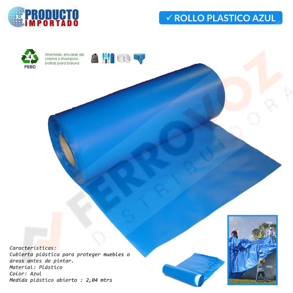 ROLLO PLASTICO AZUL  2.04 MTS alto/abierto - 47.50 KG(peso inc. cono carton) 2.5micras